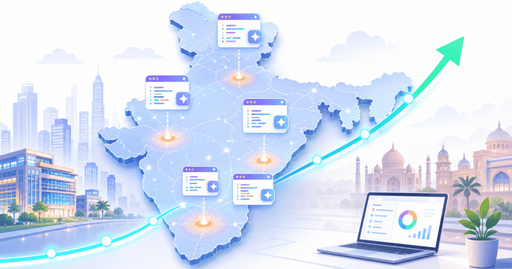 Indian developers reviewing AI coding assistant output, reflecting vibe coding adoption India 2026 trends in startups and enterprises