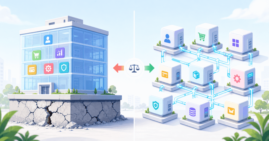 Diagram comparing microservices vs monolith India startup architecture decision points