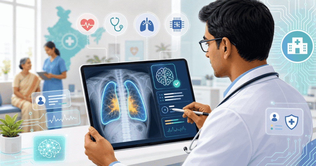 Doctor reviewing AI healthcare India machine learning diagnostic dashboard in a tier-2 clinic