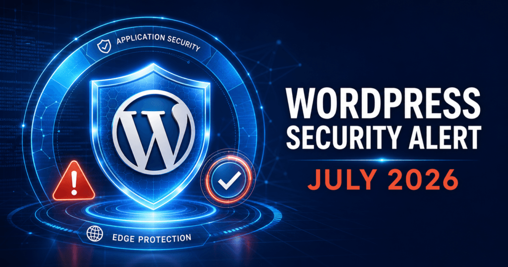 WordPress security shield with application and edge protection layers for the July 2026 wp2shell vulnerability alert